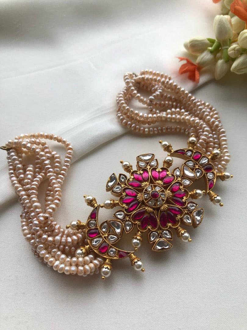 Kundan ruby choker with antique pearls-Silver Neckpiece-PL-House of Taamara