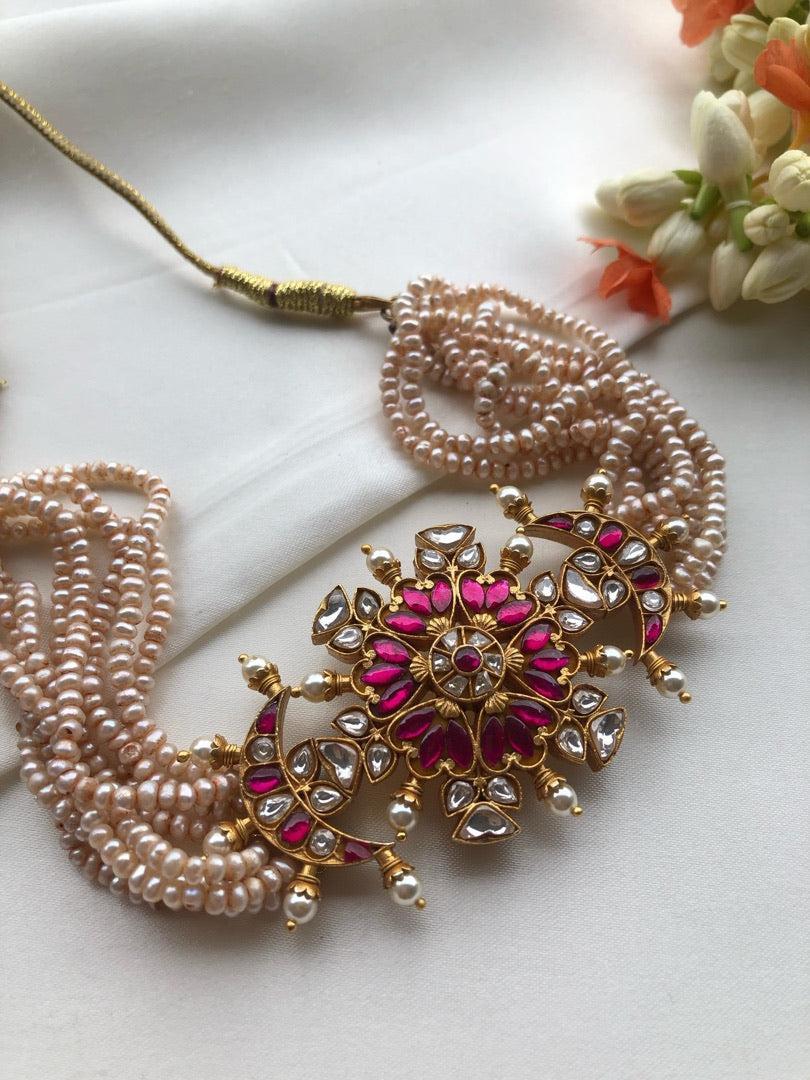 Kundan ruby choker with antique pearls-Silver Neckpiece-PL-House of Taamara