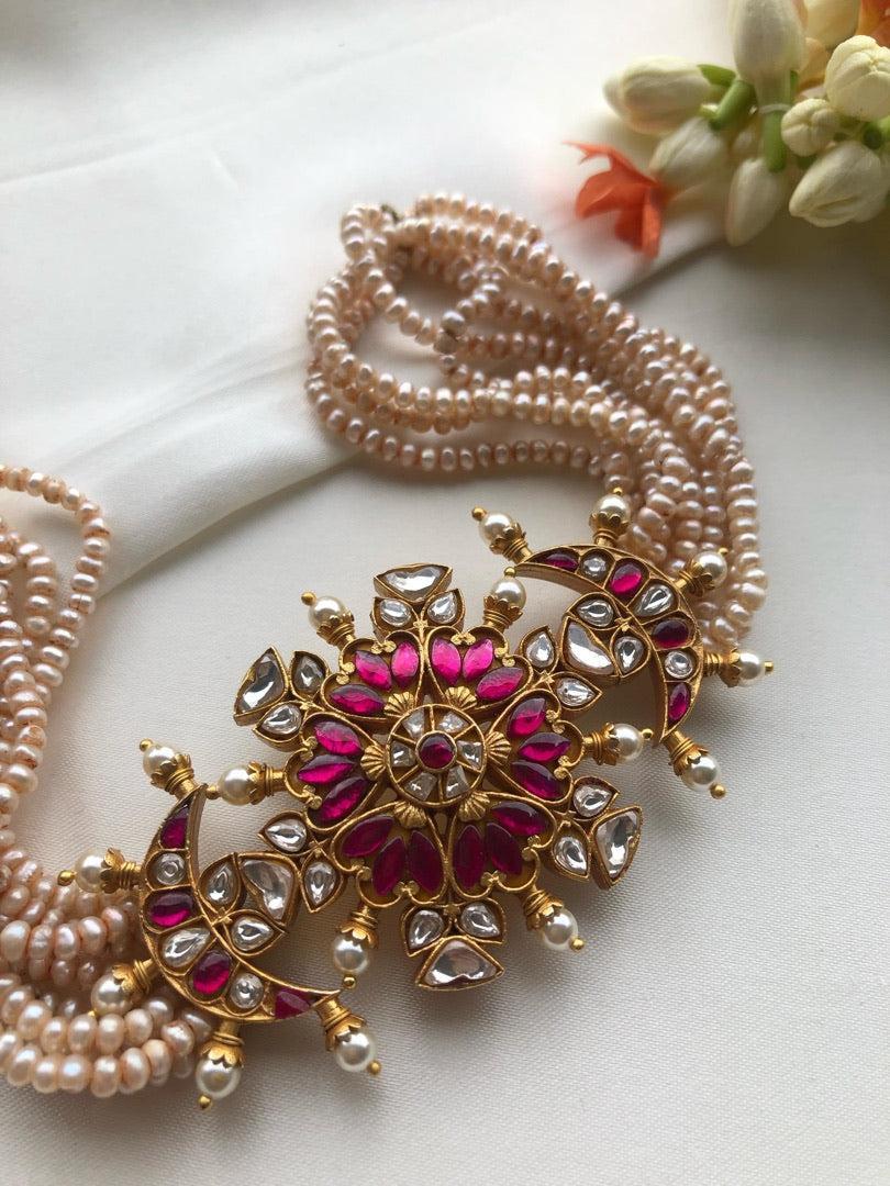 Kundan ruby choker with antique pearls-Silver Neckpiece-PL-House of Taamara