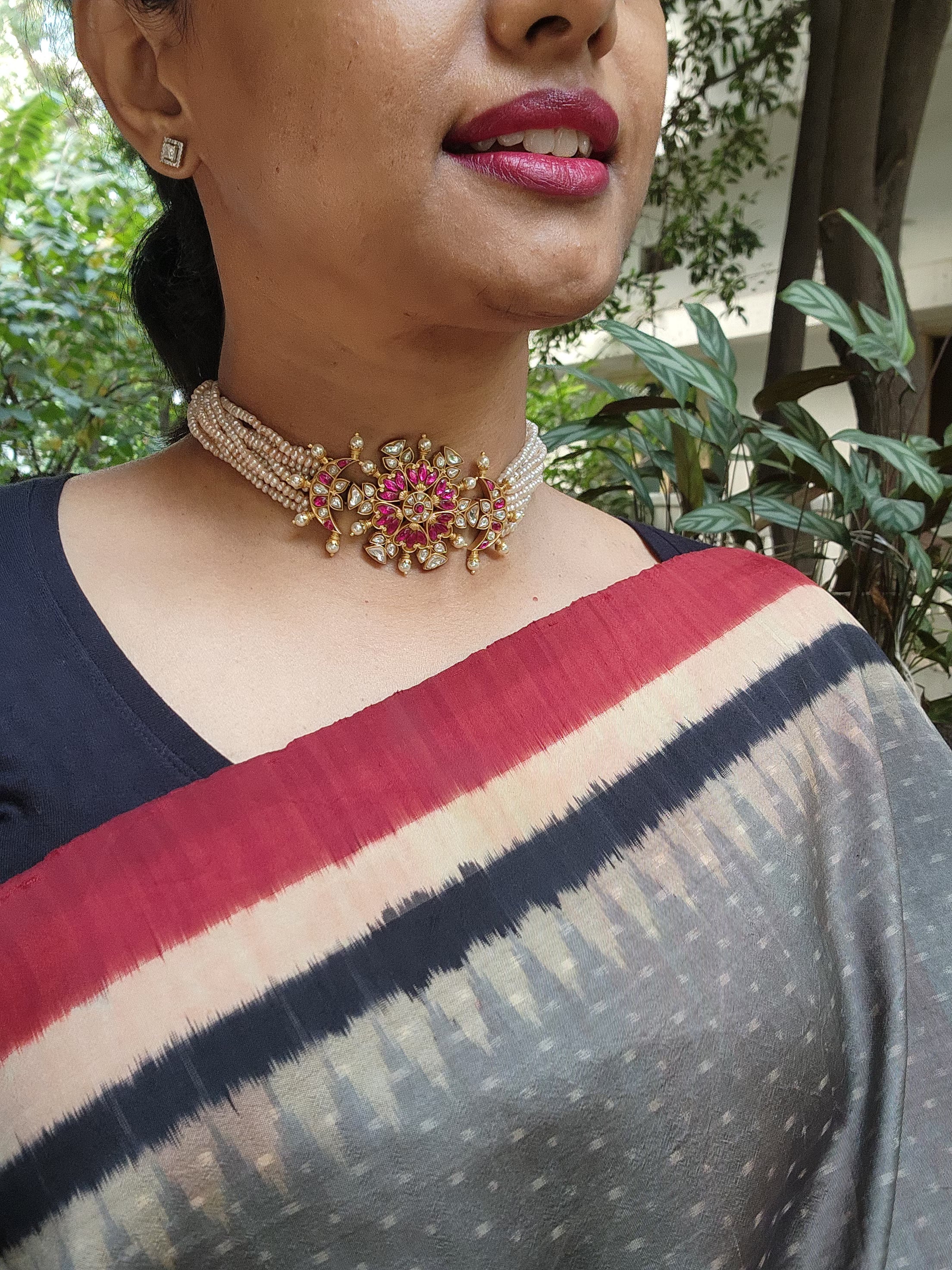 Kundan ruby choker with antique pearls-Silver Neckpiece-PL-House of Taamara