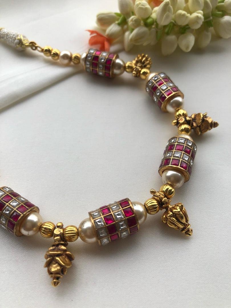 Kundan ruby cylindrical beads with pearls & antique style gold beads-Silver Neckpiece-PL-House of Taamara