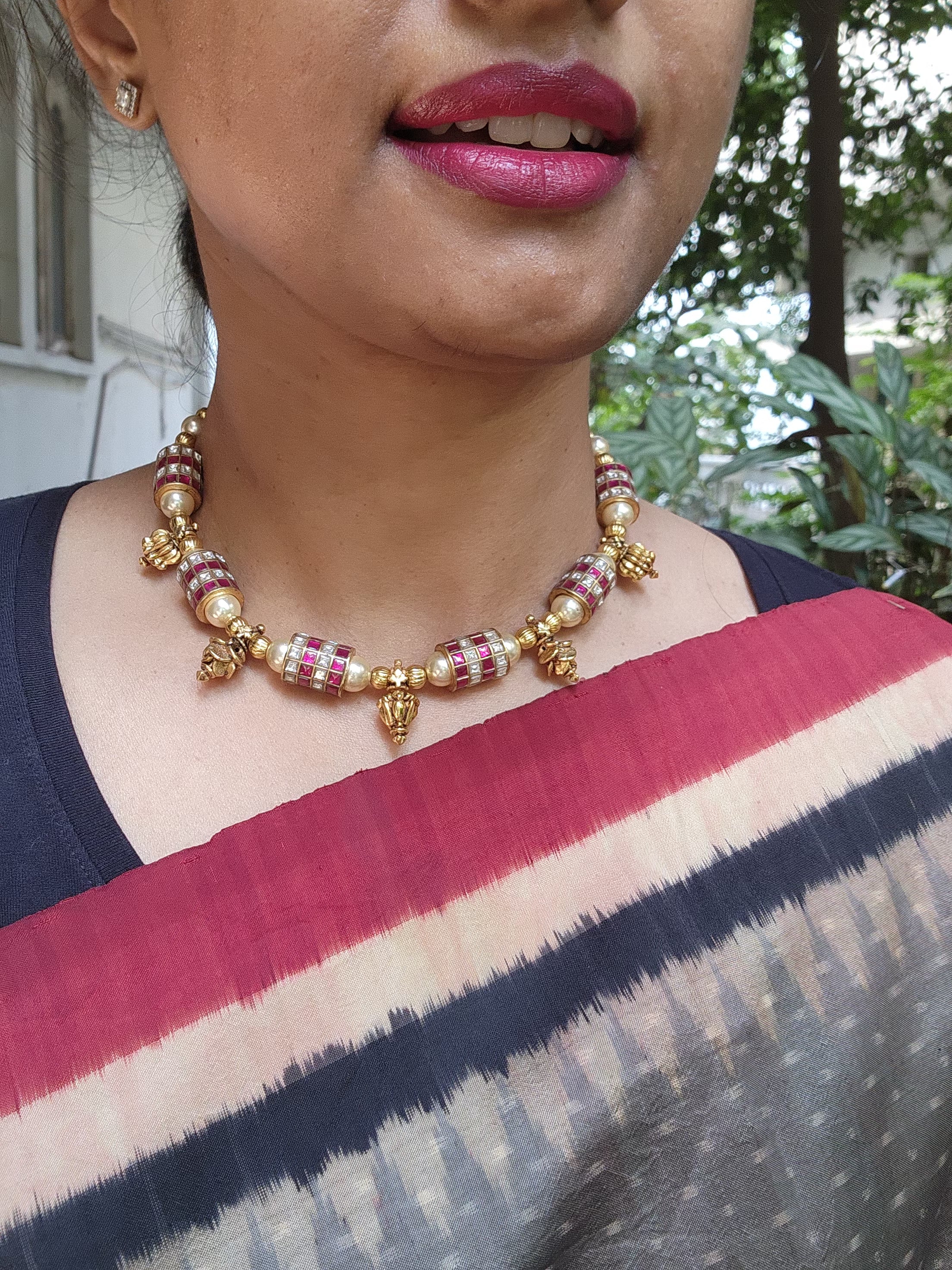 Kundan ruby cylindrical beads with pearls & antique style gold beads-Silver Neckpiece-PL-House of Taamara