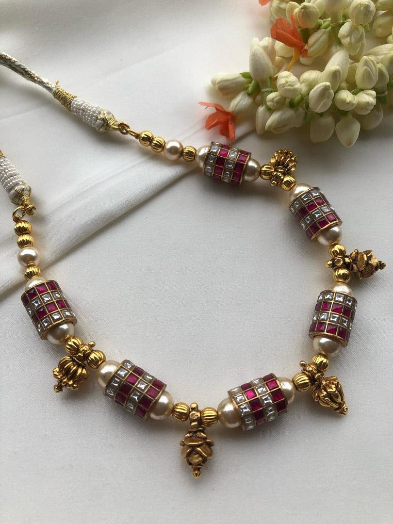 Kundan ruby cylindrical beads with pearls & antique style gold beads-Silver Neckpiece-PL-House of Taamara