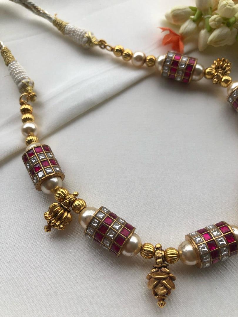 Kundan ruby cylindrical beads with pearls & antique style gold beads-Silver Neckpiece-PL-House of Taamara