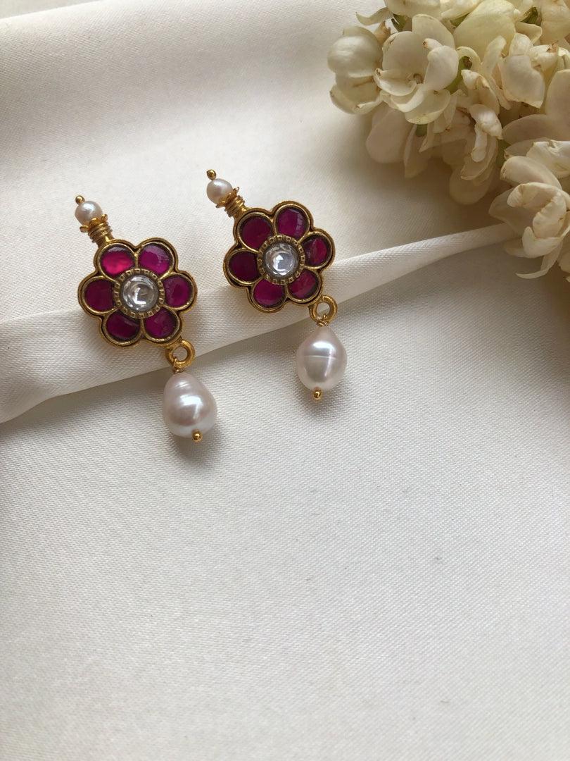 Kundan ruby earrings with a pearl drop-Earrings-PL-House of Taamara