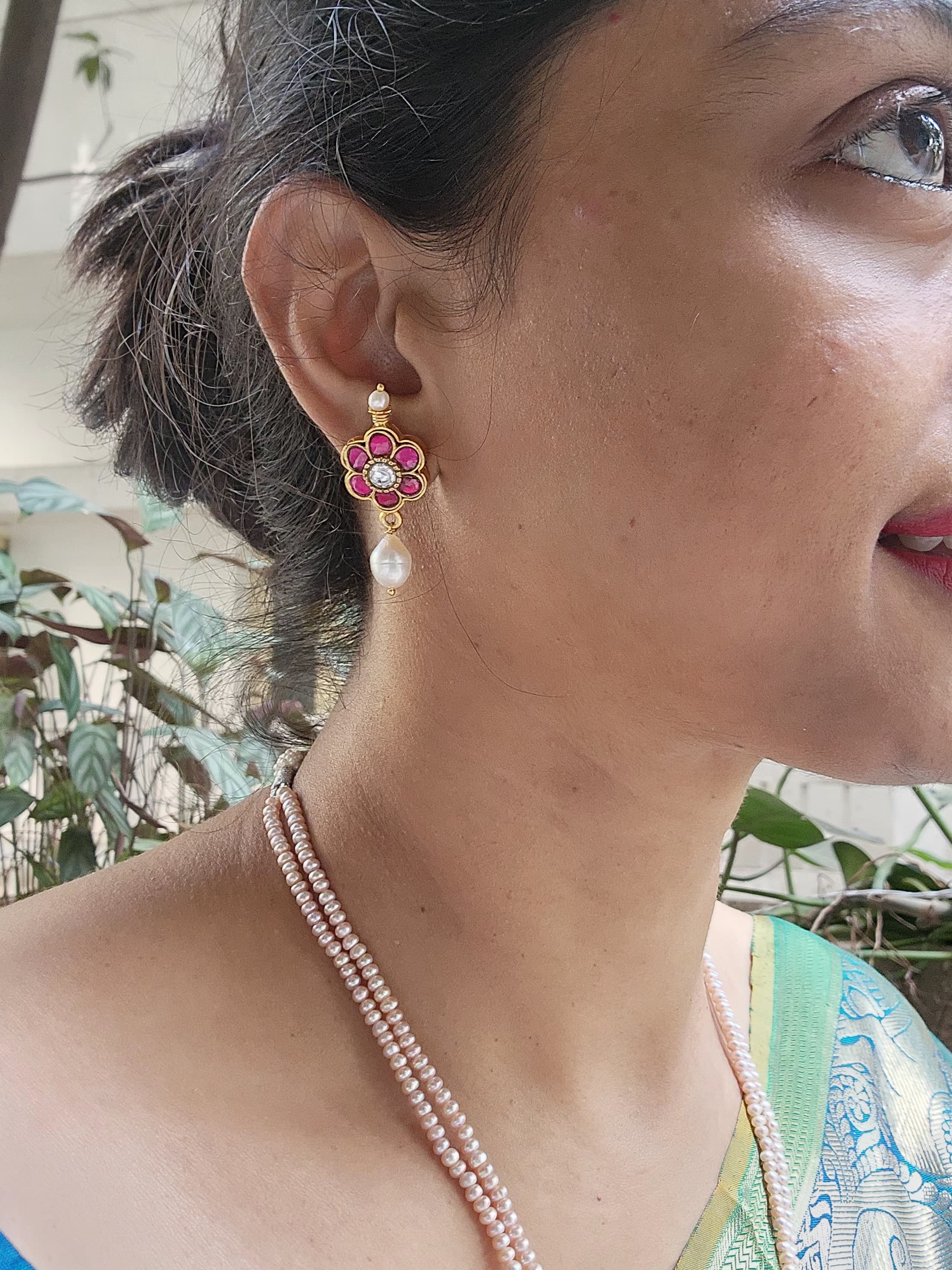 Kundan ruby earrings with a pearl drop-Earrings-PL-House of Taamara