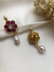 Kundan ruby earrings with a pearl drop-Earrings-PL-House of Taamara