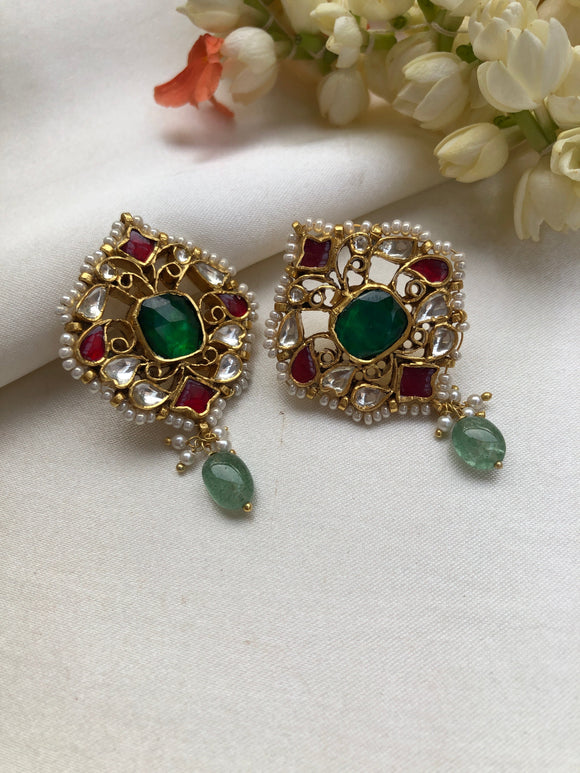 Kundan ruby earrings with green bead drops-Earrings-PL-House of Taamara