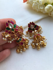 Kundan ruby earrings with gundus and pearls bunch-Earrings-PL-House of Taamara