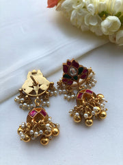 Kundan ruby earrings with gundus and pearls bunch-Earrings-PL-House of Taamara
