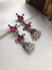 Kundan & ruby earrings with pearls bunch-Earrings-PL-House of Taamara