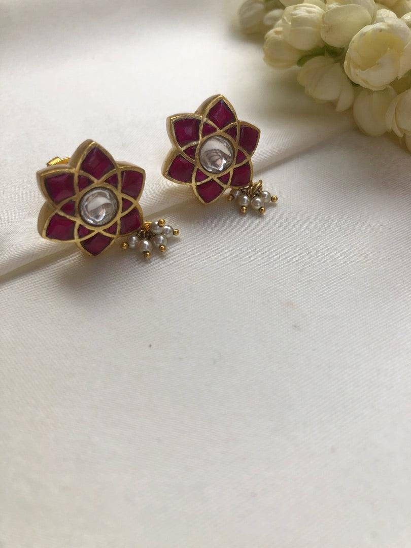 Kundan ruby earrings with pearls bunch-Earrings-PL-House of Taamara