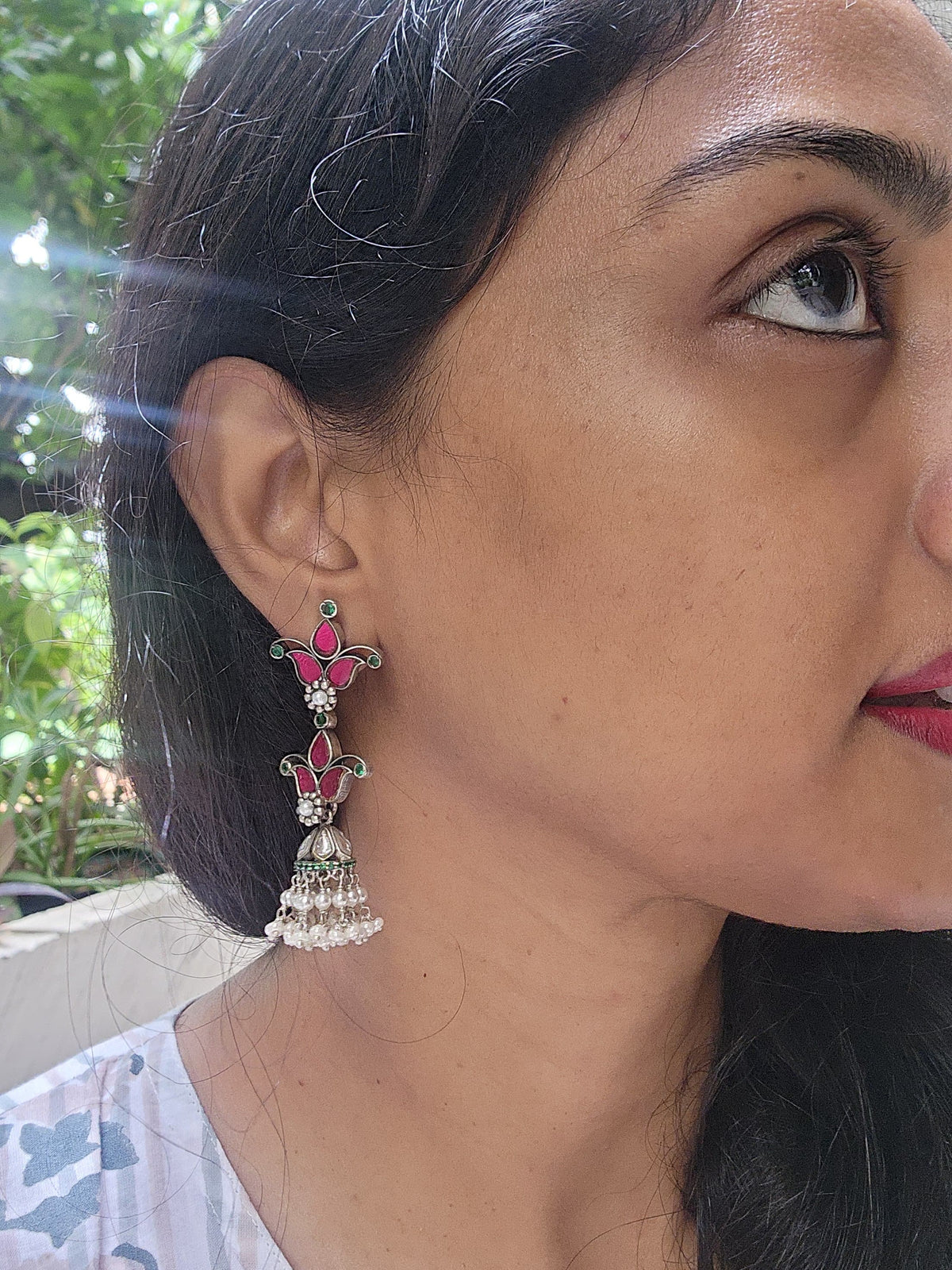 Kundan & ruby earrings with pearls bunch-Earrings-PL-House of Taamara