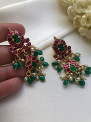 Kundan ruby earrings with pearls & green beads-Earrings-PL-House of Taamara