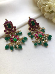 Kundan ruby earrings with pearls & green beads-Earrings-PL-House of Taamara