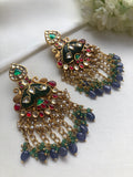 Kundan ruby earrings with pearls, green & blue beads-Earrings-PL-House of Taamara