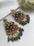 Kundan ruby earrings with pearls, green & blue beads-Earrings-PL-House of Taamara