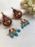 Kundan ruby earrings with turquoise drops-Earrings-PL-House of Taamara