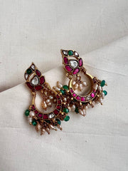 Kundan, ruby & emerald chaandbalis with pearls & green onyx beads-Earrings-CI-House of Taamara