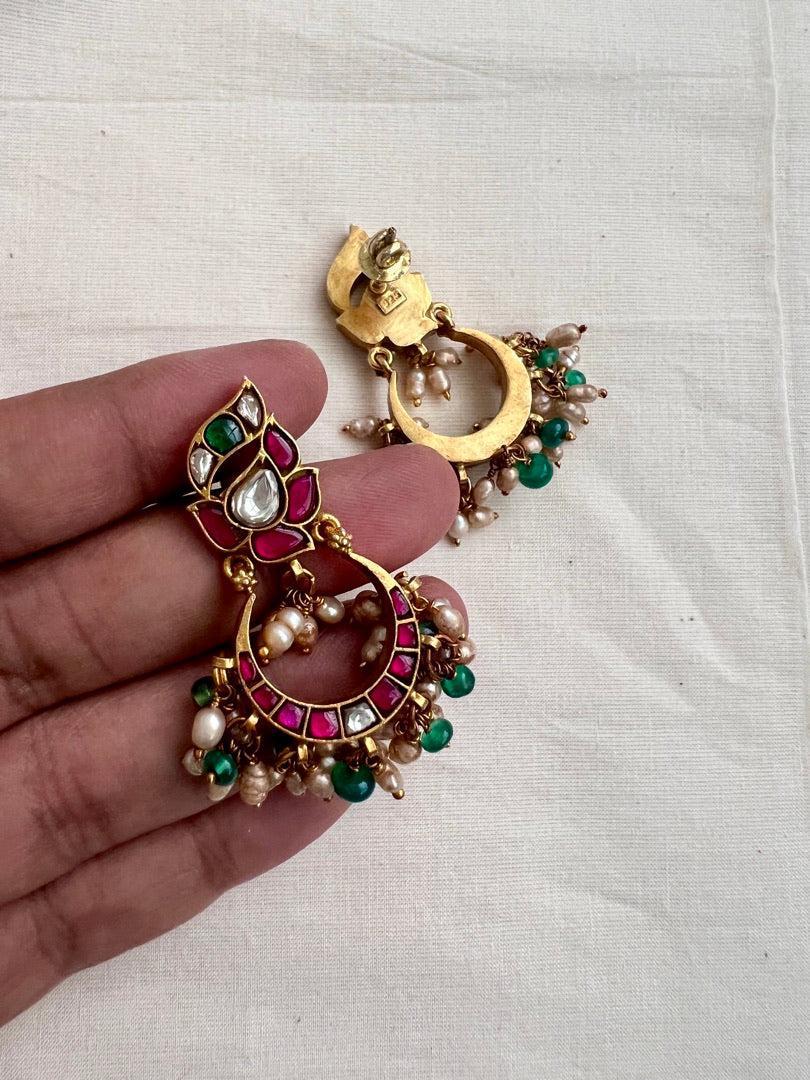 Kundan, ruby & emerald chaandbalis with pearls & green onyx beads-Earrings-CI-House of Taamara