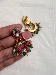 Kundan, ruby & emerald chaandbalis with pearls & green onyx beads-Earrings-CI-House of Taamara