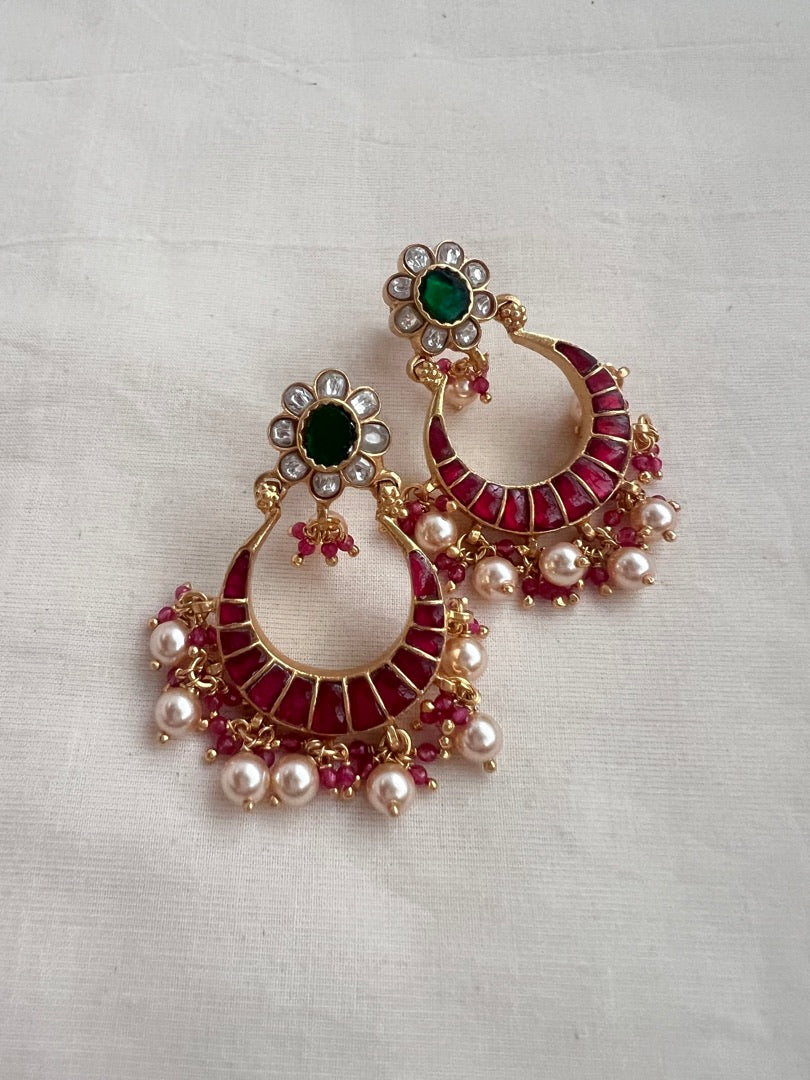 Kundan, ruby & emerald chandbalis with pearls & ruby beads-Earrings-CI-House of Taamara