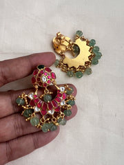 Kundan, ruby & emerald chandbalis with pumpkin jade & gold beads-Earrings-CI-House of Taamara