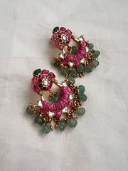 Kundan, ruby & emerald chandbalis with pumpkin jade & gold beads-Earrings-CI-House of Taamara