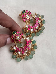 Kundan, ruby & emerald chandbalis with pumpkin jade & gold beads-Earrings-CI-House of Taamara