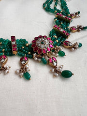 Kundan, ruby & emerald choker stringed with green onyx beads-Silver Neckpiece-CI-House of Taamara