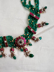 Kundan, ruby & emerald choker stringed with green onyx beads-Silver Neckpiece-CI-House of Taamara