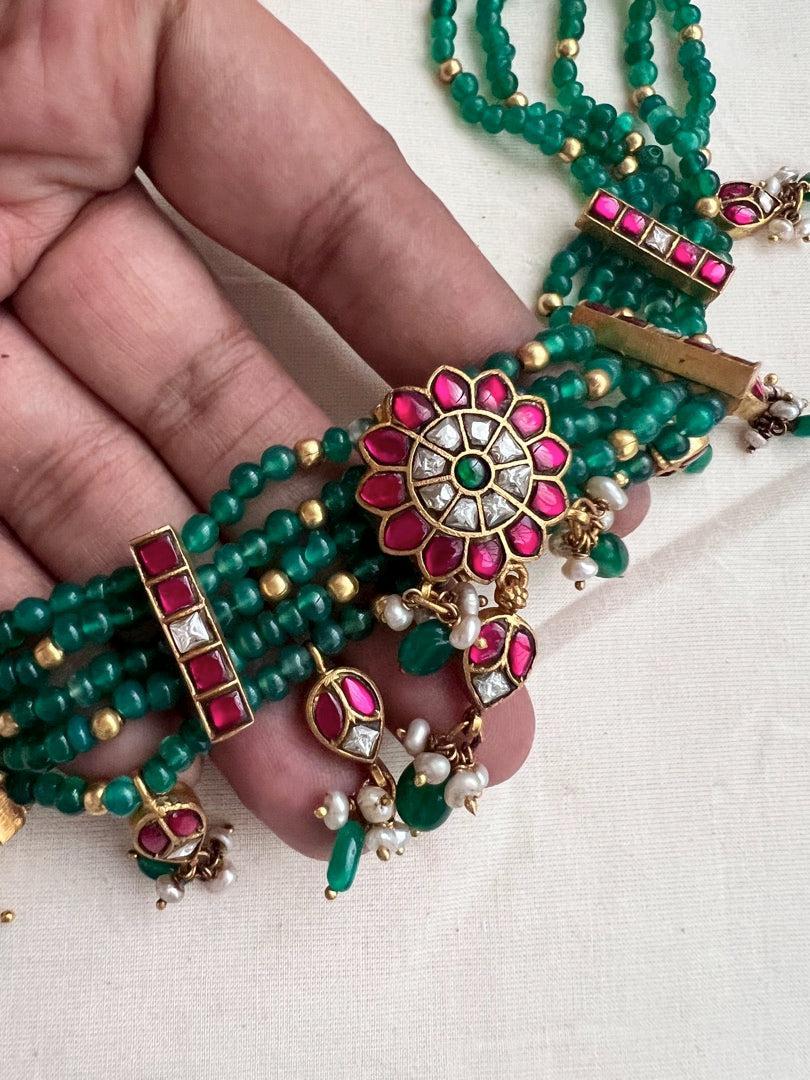 Kundan, ruby & emerald choker stringed with green onyx beads-Silver Neckpiece-CI-House of Taamara