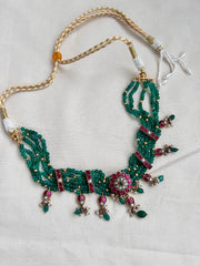 Kundan, ruby & emerald choker stringed with green onyx beads-Silver Neckpiece-CI-House of Taamara