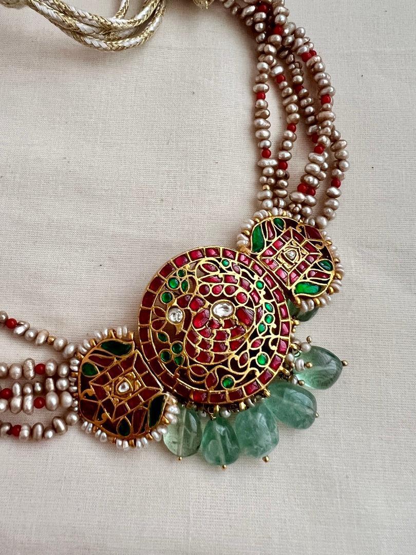 Kundan, ruby & emerald choker with pearls and jade beads-Silver Neckpiece-CI-House of Taamara