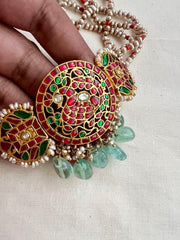 Kundan, ruby & emerald choker with pearls and jade beads-Silver Neckpiece-CI-House of Taamara