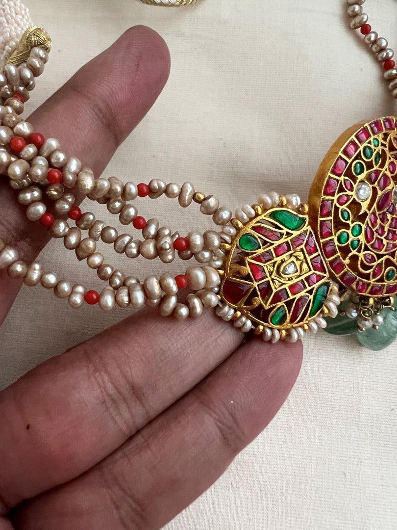 Kundan, ruby & emerald choker with pearls and jade beads-Silver Neckpiece-CI-House of Taamara