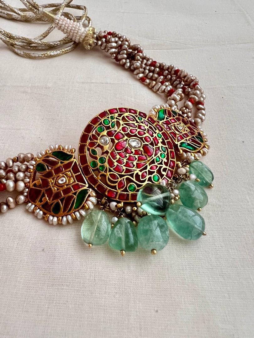 Kundan, ruby & emerald choker with pearls and jade beads-Silver Neckpiece-CI-House of Taamara