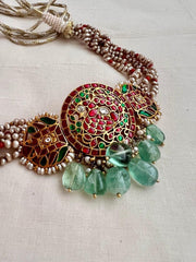 Kundan, ruby & emerald choker with pearls and jade beads-Silver Neckpiece-CI-House of Taamara