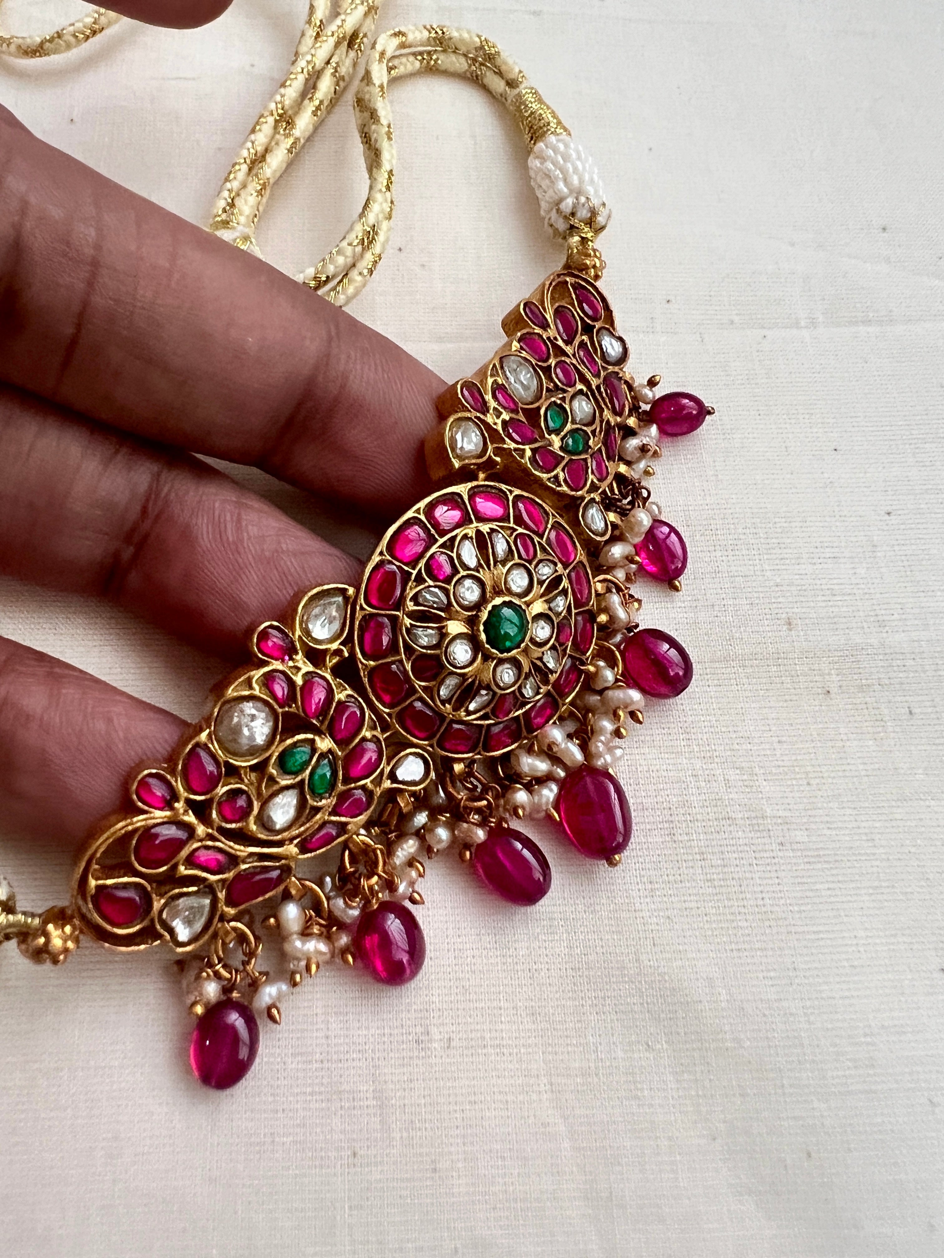 Kundan, ruby & emerald choker with pearls and ruby beads-Silver Neckpiece-CI-House of Taamara