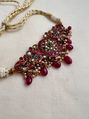 Kundan, ruby & emerald choker with pearls and ruby beads-Silver Neckpiece-CI-House of Taamara