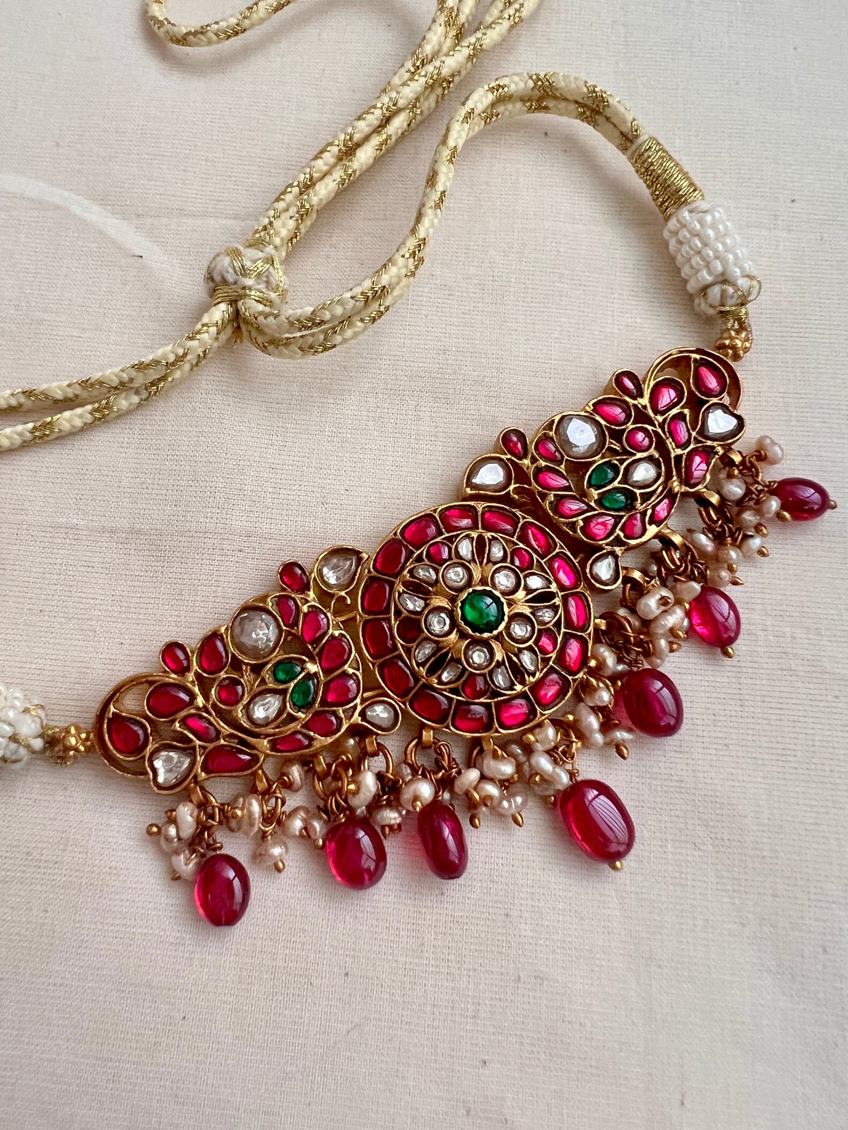 Kundan, ruby & emerald choker with pearls and ruby beads-Silver Neckpiece-CI-House of Taamara