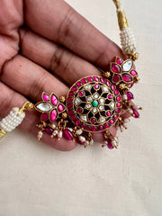 Kundan, ruby & emerald choker with pearls and ruby beads-Silver Neckpiece-CI-House of Taamara