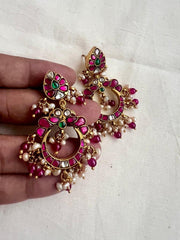 Kundan, ruby & emerald earrings with pearls and ruby beads-Earrings-CI-House of Taamara