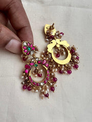 Kundan, ruby & emerald earrings with pearls and ruby beads-Earrings-CI-House of Taamara