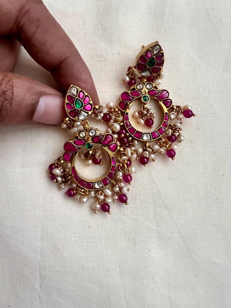 Kundan, ruby & emerald earrings with pearls and ruby beads-Earrings-CI-House of Taamara