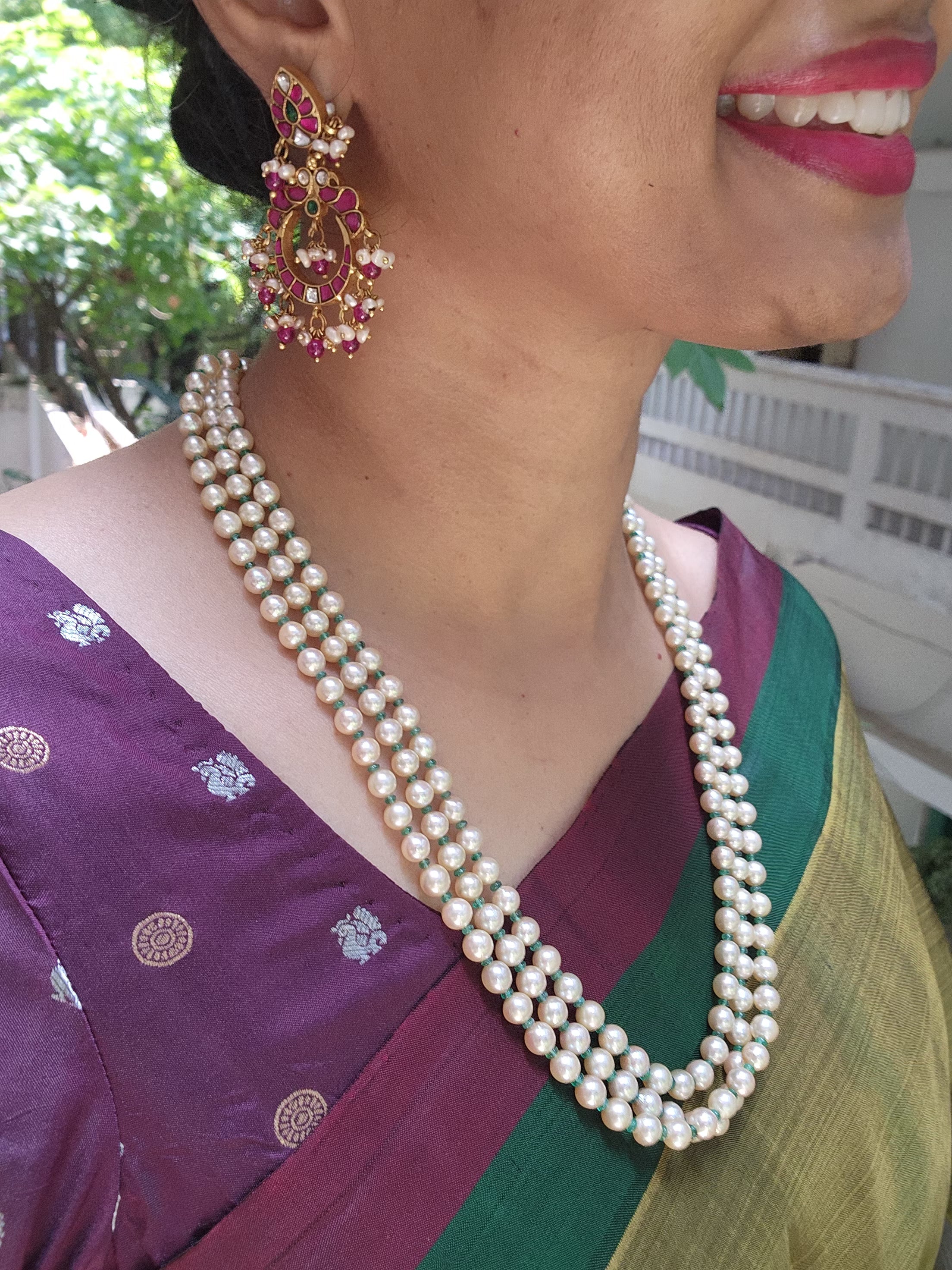 Kundan, ruby & emerald earrings with pearls and ruby beads-Earrings-CI-House of Taamara