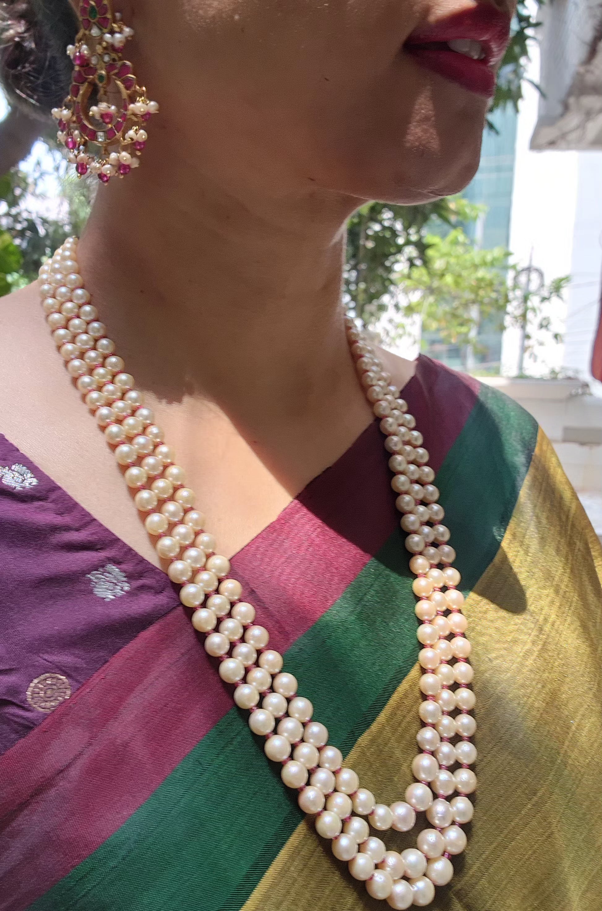 Kundan, ruby & emerald earrings with pearls and ruby beads-Earrings-CI-House of Taamara