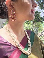 Kundan, ruby & emerald earrings with pearls and ruby beads-Earrings-CI-House of Taamara