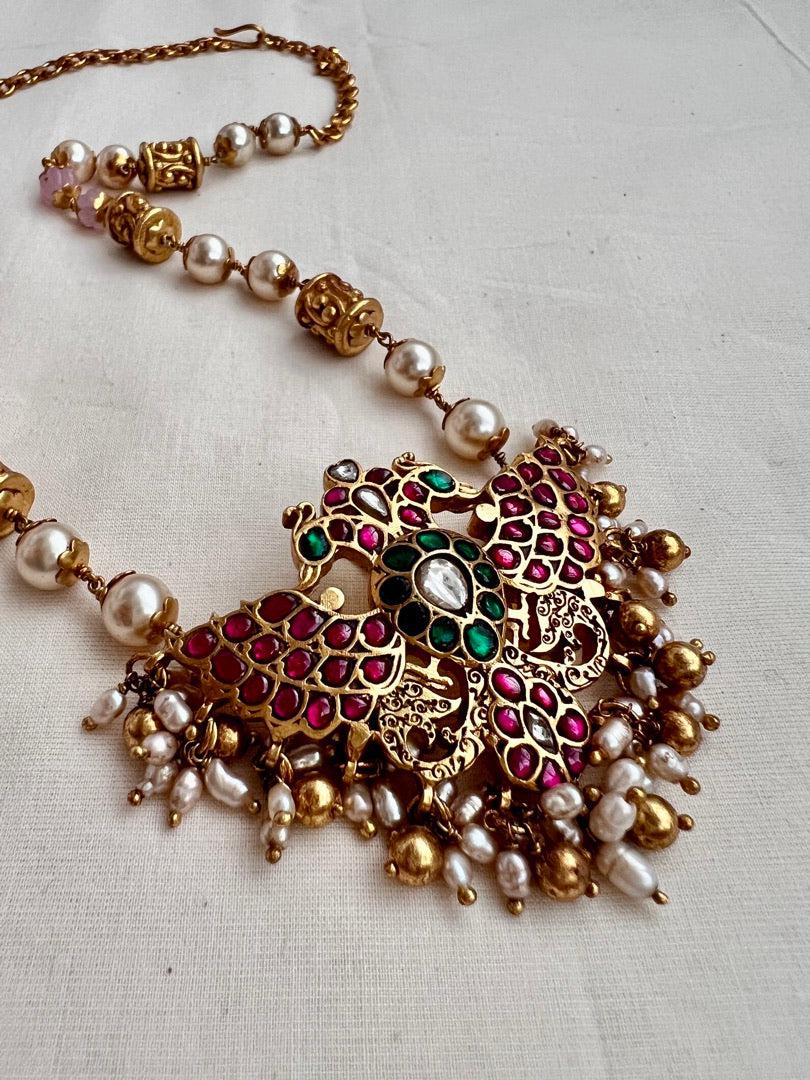 Kundan, ruby & emerald gandaberunda pendant with pearls & rose quartz beads chain-Silver Neckpiece-CI-House of Taamara