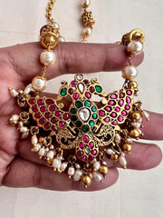 Kundan, ruby & emerald gandaberunda pendant with pearls & rose quartz beads chain-Silver Neckpiece-CI-House of Taamara